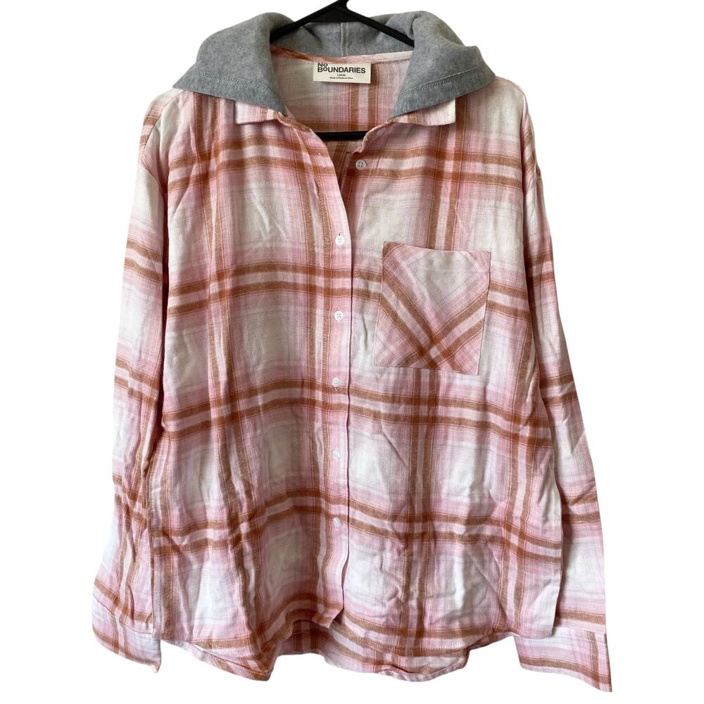 NEW NO BOUNDARIES Pink Lightweight Flannel Hoodie Size Large Plaid Boho Casual